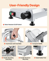 Rubber feet and waterproof on off switch on the meat slicer base