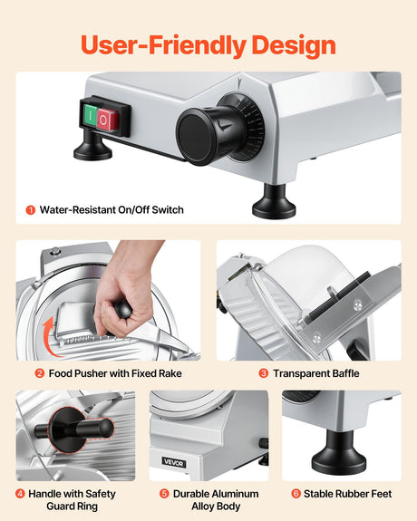Rubber feet and waterproof on off switch on the meat slicer base