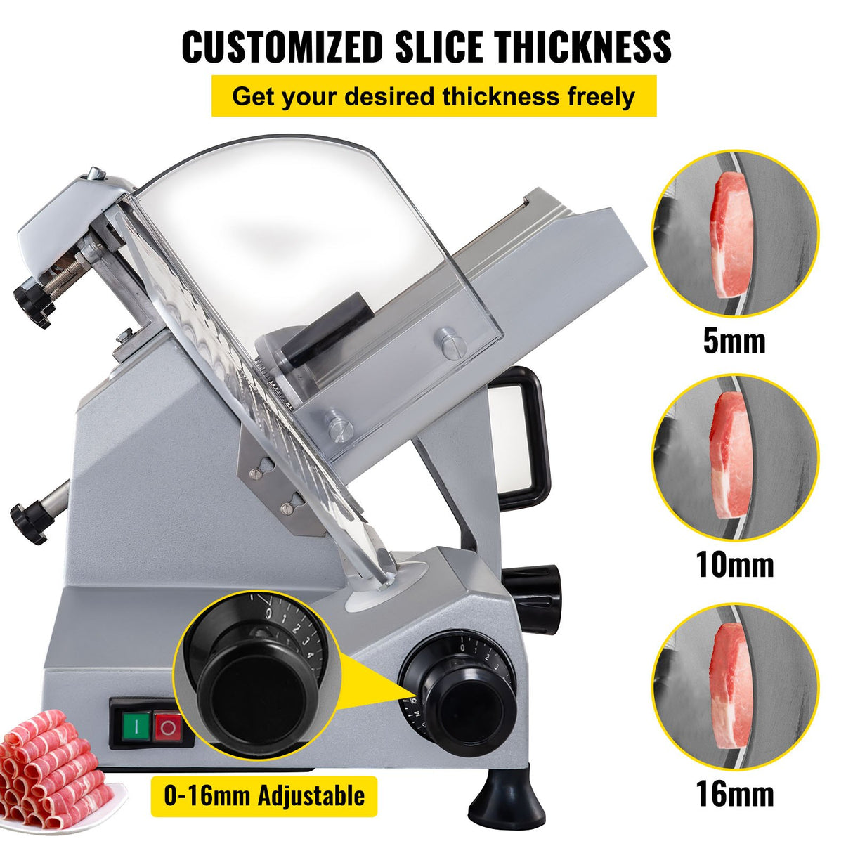 Raised food pusher with spikes holding meat on the slicer carriage