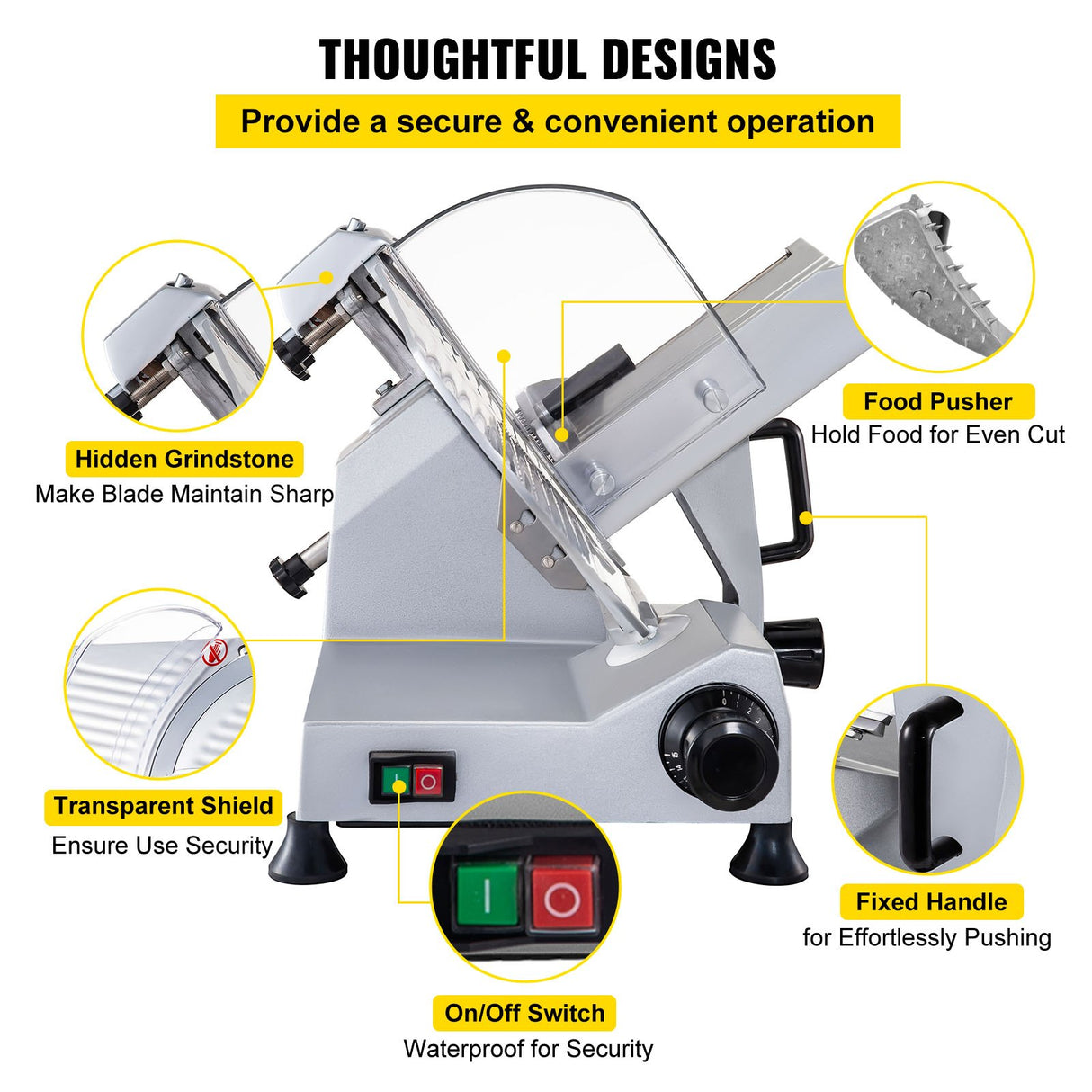 Removable blade, food holder and pusher shown separated for cleaning