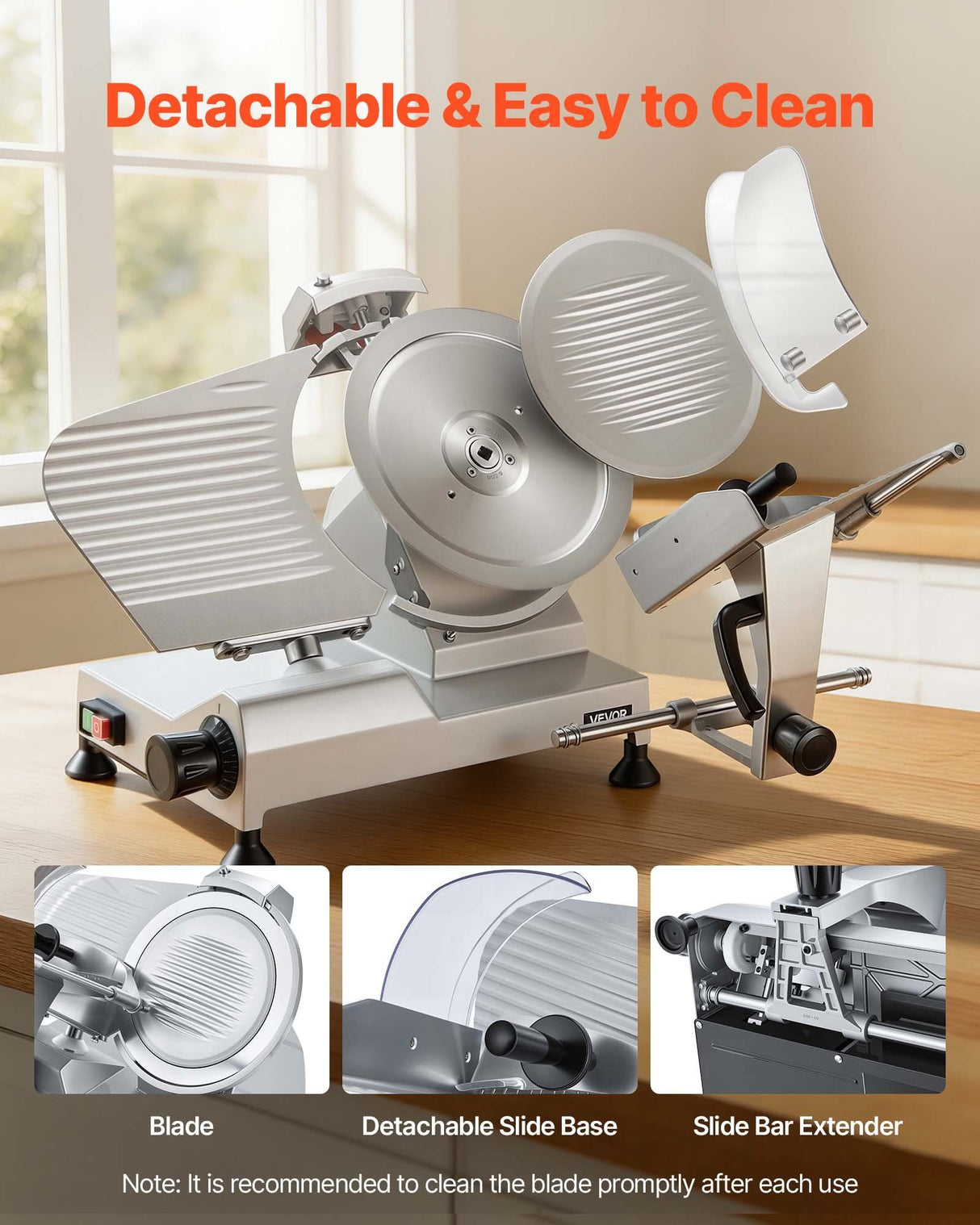 Food pusher with fixed rake guiding meat towards the slicer blade