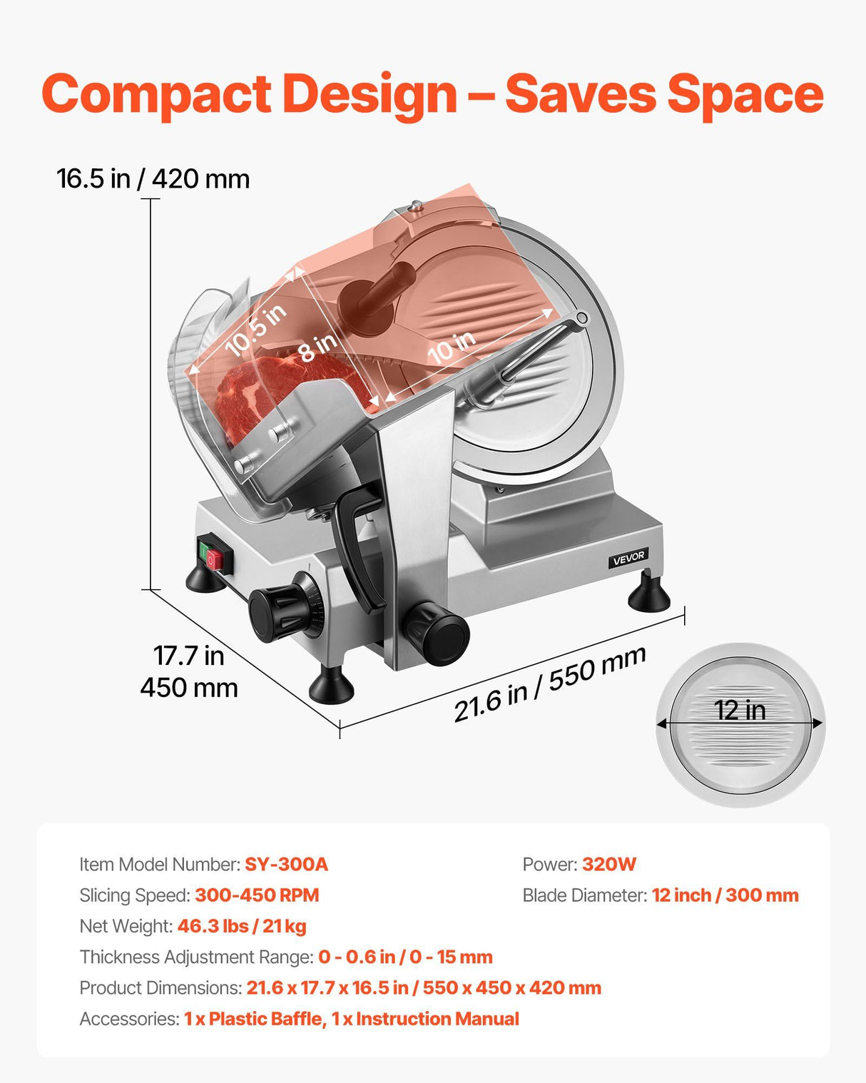 Slicer producing even slices of ham on the carriage