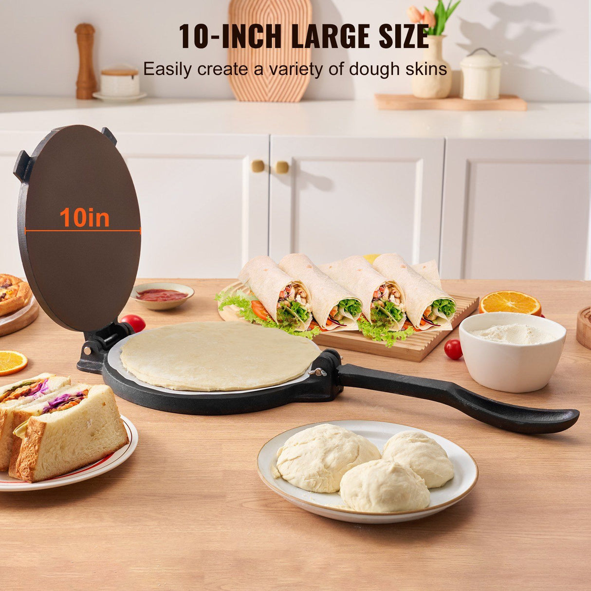 Tortilla press opened showing pre seasoned cast iron plates