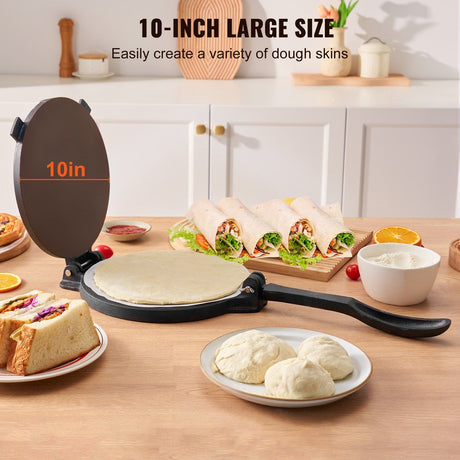 Tortilla press opened showing pre seasoned cast iron plates