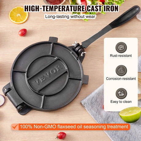 Reinforced handle on the heavy cast iron tortilla press