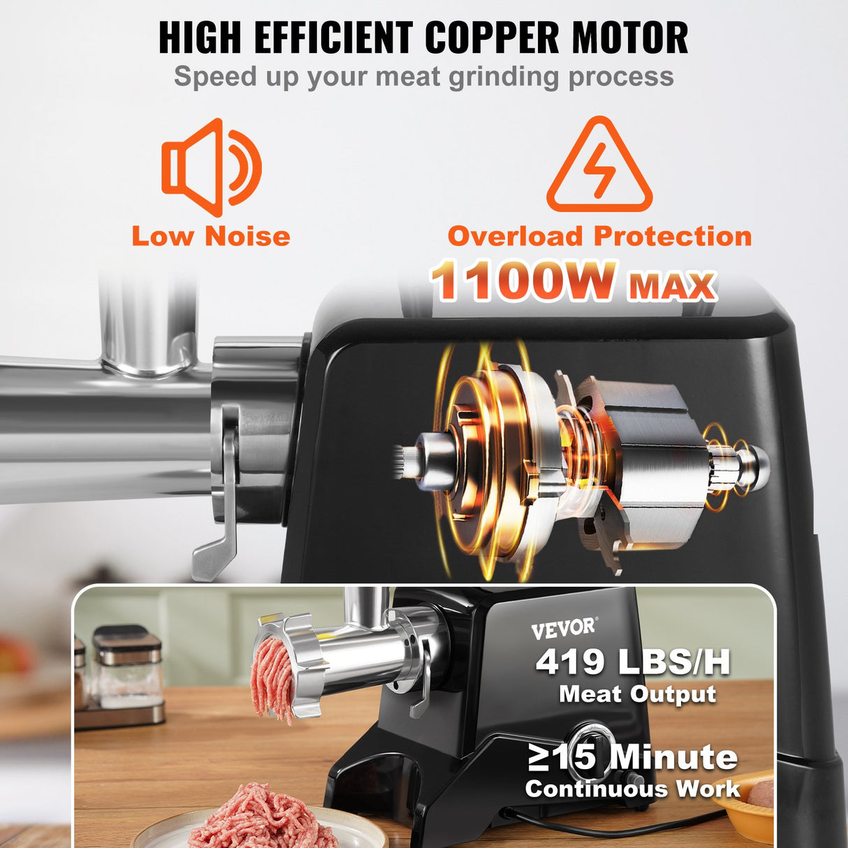 Oversized meat hopper on top of the electric mincer