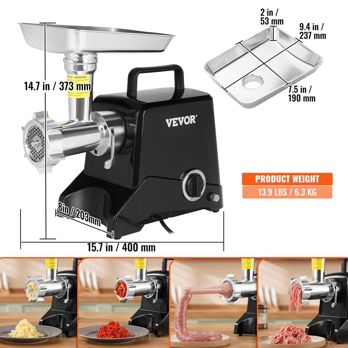 Speed and reverse control switches on the meat grinder housing