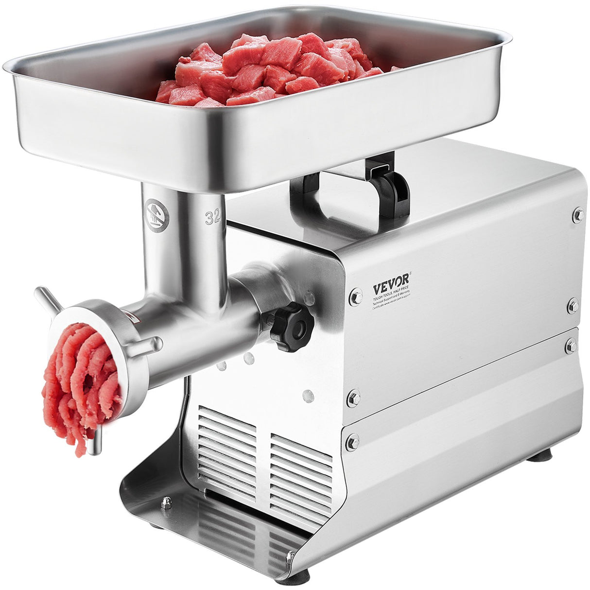 Stainless steel commercial meat grinder with size 32 head and 1100 W motor