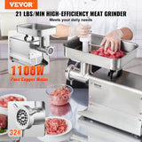 Front view of the stainless steel meat grinder showing hopper and control switch