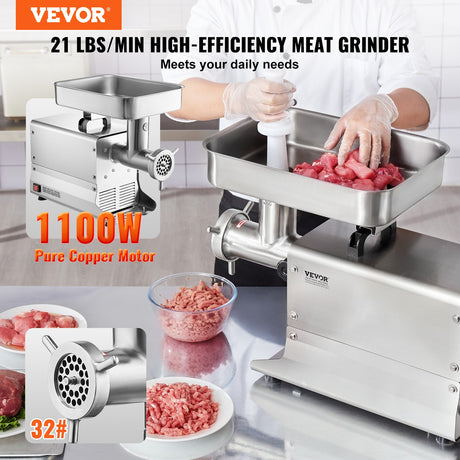 Front view of the stainless steel meat grinder showing hopper and control switch