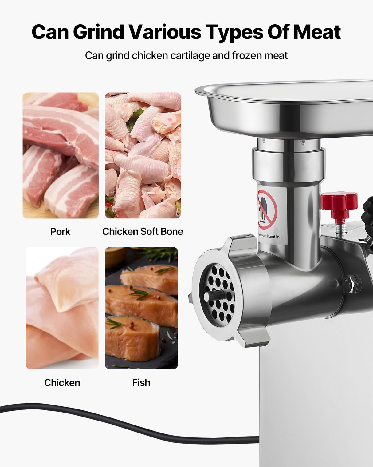 Sausage stuffer attachment and meat pounding stick supplied with the grinder