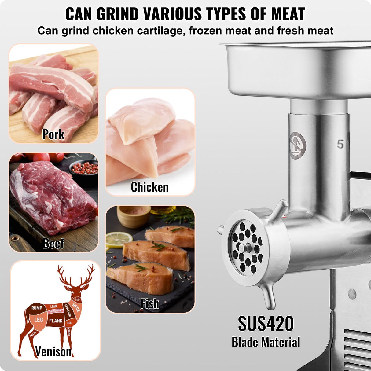 Sausage stuffing blade and three sausage tubes in different sizes
