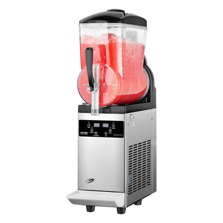 Slushy machine on a cafe counter serving frozen coffee and fruit drinks