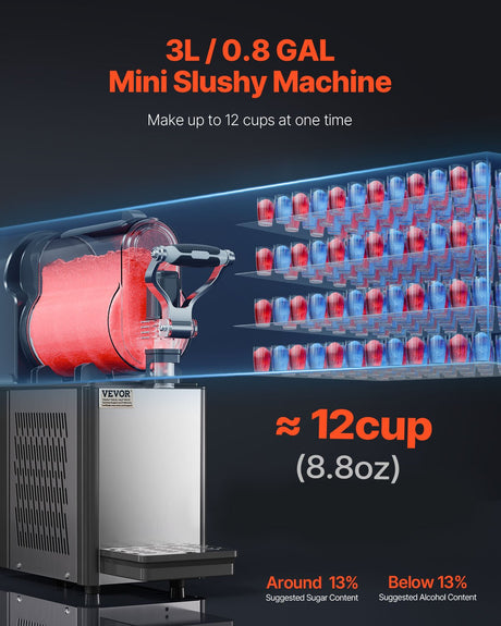 Slushy machine tank filled with frozen drink beside a filled cup