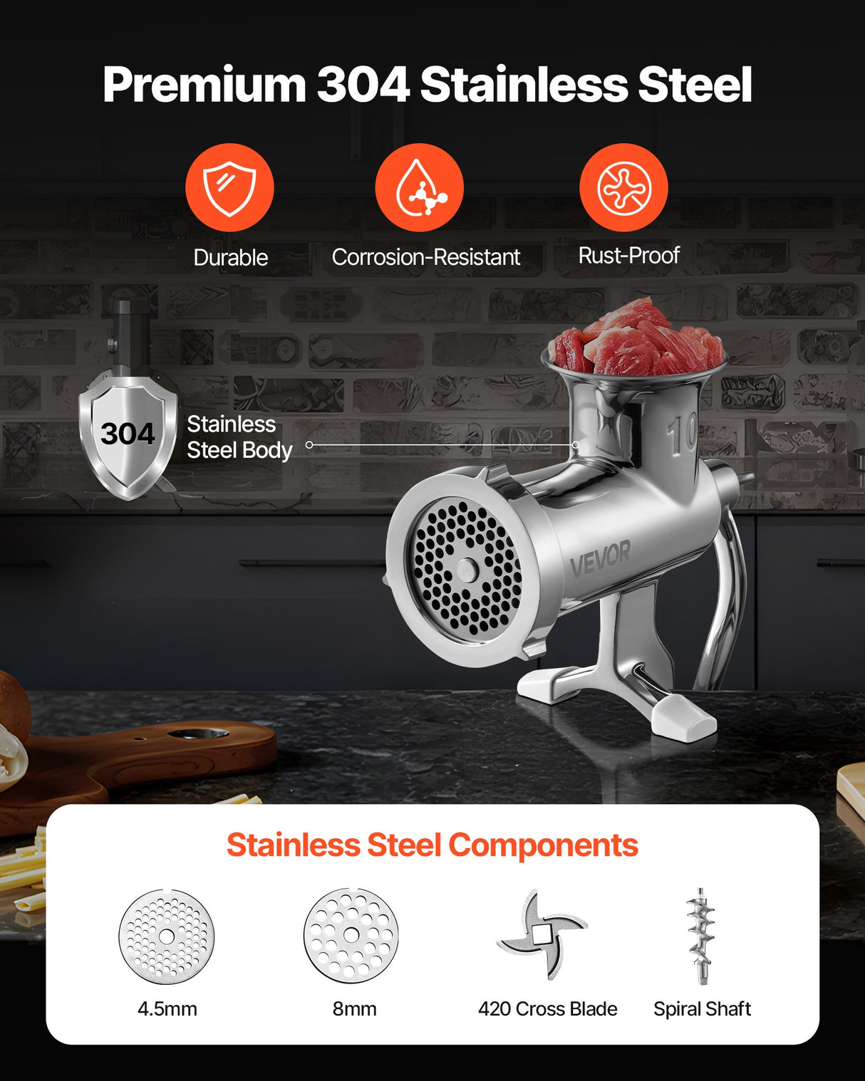 Meat grinder auger, cutting blade and grinding plates laid out