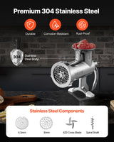 Meat grinder auger, cutting blade and grinding plates laid out