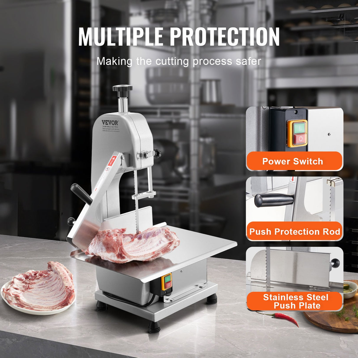 Frozen meat being sliced on the commercial bandsaw