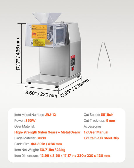 Side profile of the 850 W commercial meat cutting machine