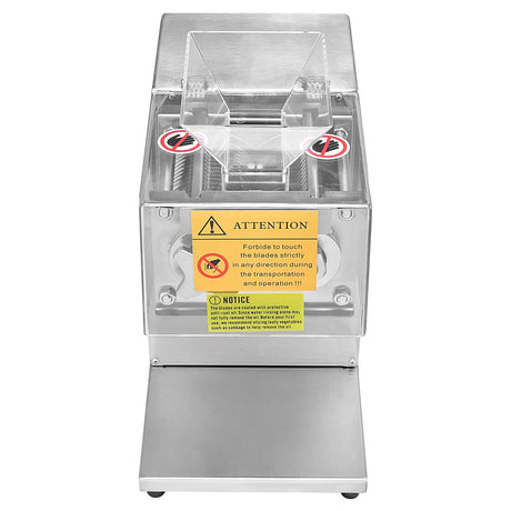 Stainless steel 850 W meat slicer shown with prepared meat