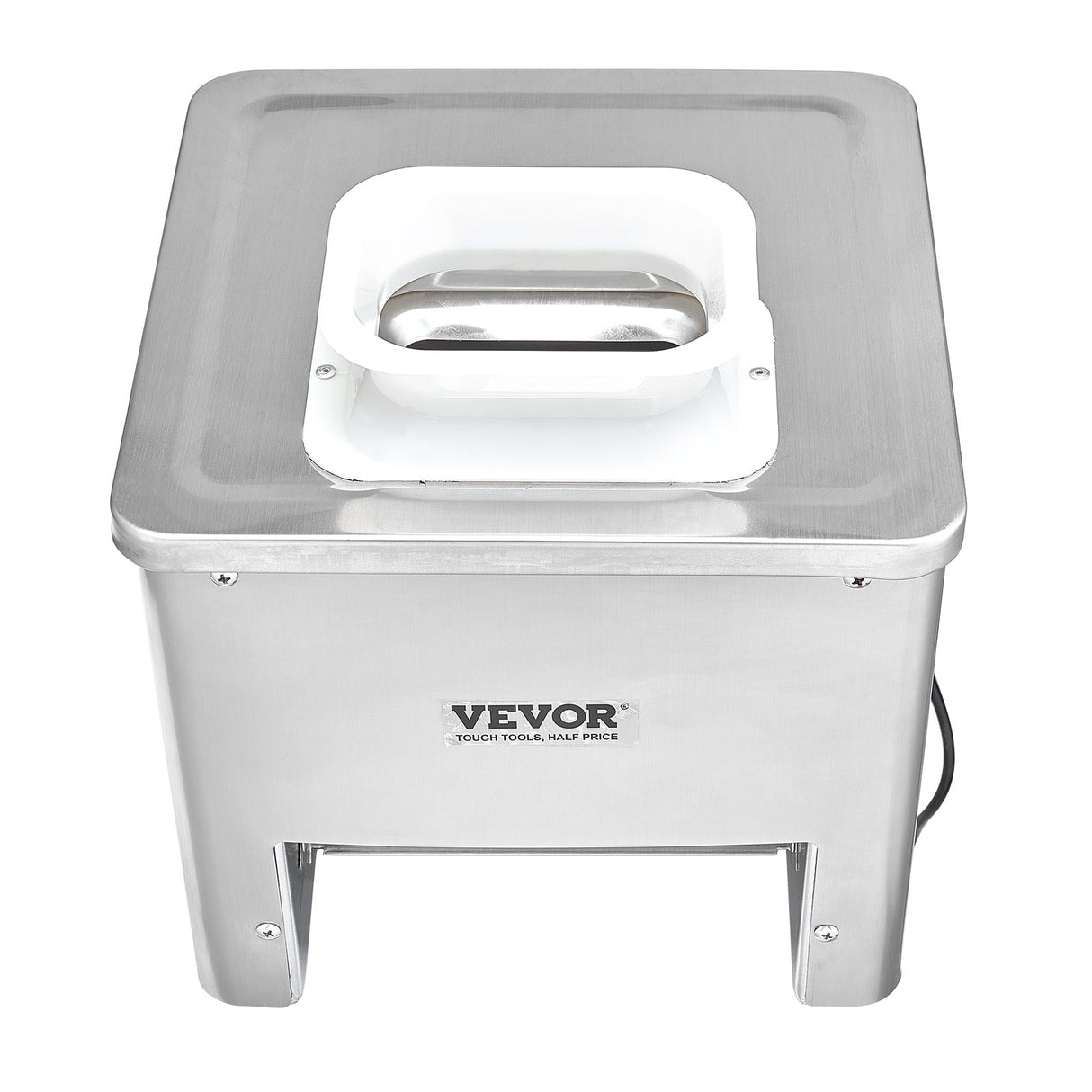 Stainless steel meat slicer shown with sliced vegetables and meat