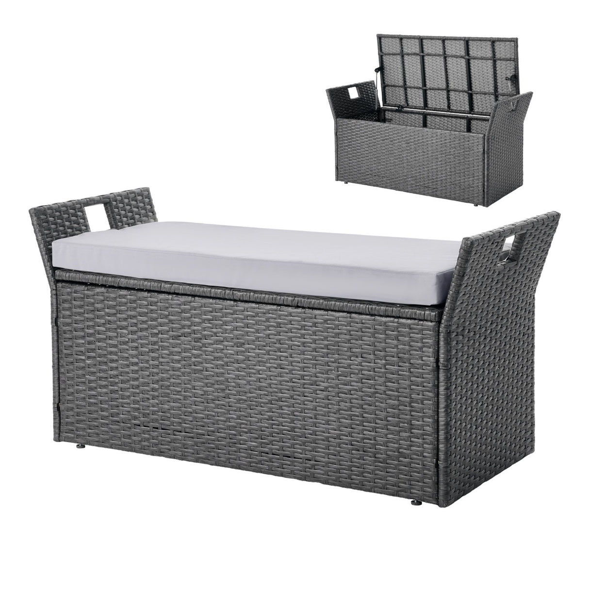 Bingil PE rattan outdoor storage bench in an outdoor setting
