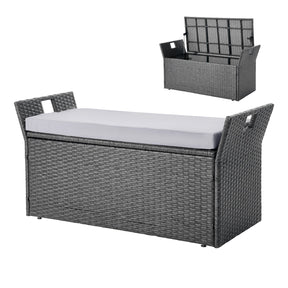 Bingil PE rattan outdoor storage bench in an outdoor setting
