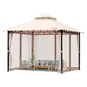 Patio gazebo 3.05 x 3.05 m set up on a backyard lawn with mosquito netting closed