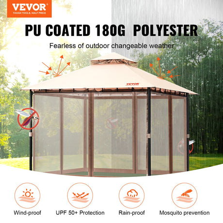 Angled view of the backyard gazebo showing the peaked polyester canopy top