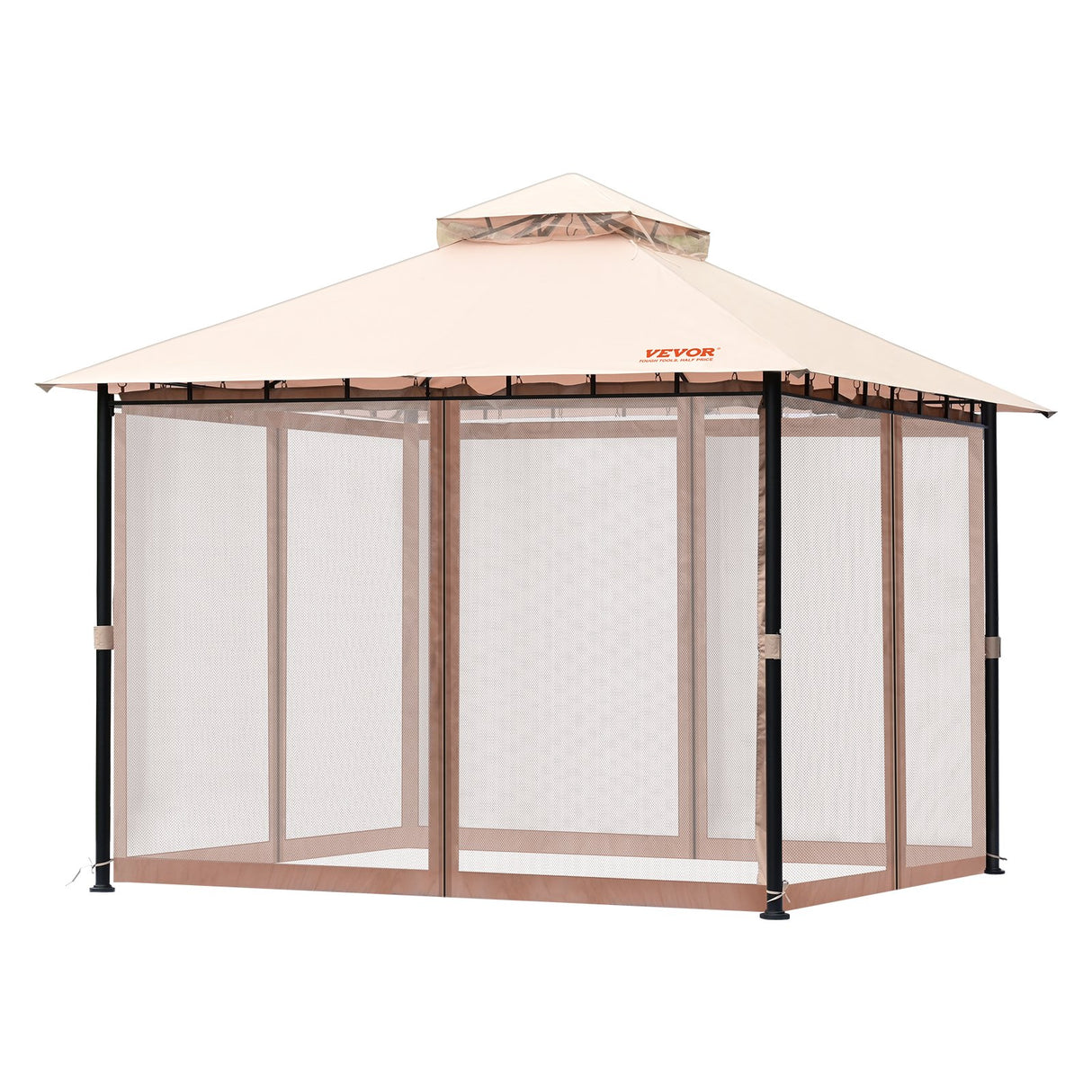 Roof structure of the gazebo seen from inside showing the steel beams