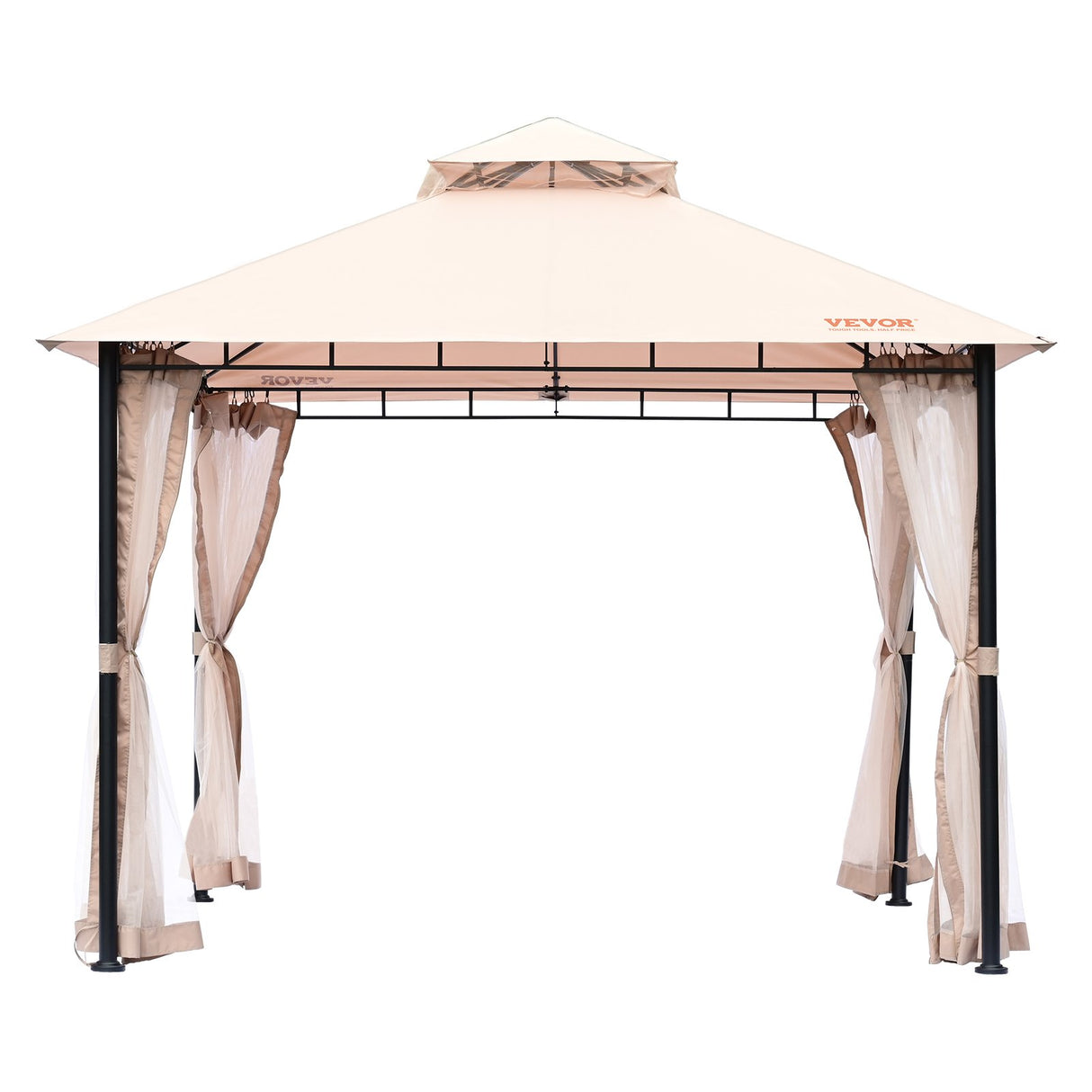Gazebo shown on a deck at dusk with the mesh sides rolled open