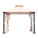 Gazebo shown on a deck at dusk with the mesh sides rolled open