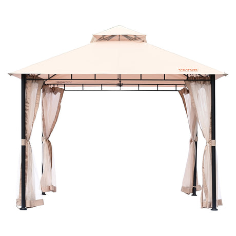 Gazebo shown on a deck at dusk with the mesh sides rolled open
