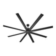 Black 213 cm ceiling fan with eight aluminium blades, viewed from below
