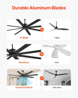 Eight blade black ceiling fan installed in a modern living room
