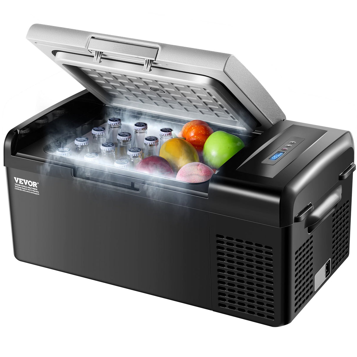 Portable 15 L car fridge freezer with compressor cooling and carry handle
