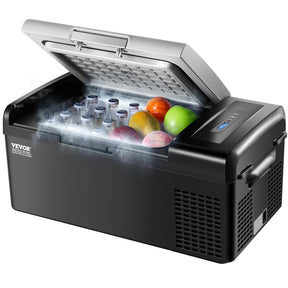 Portable 15 L car fridge freezer with compressor cooling and carry handle