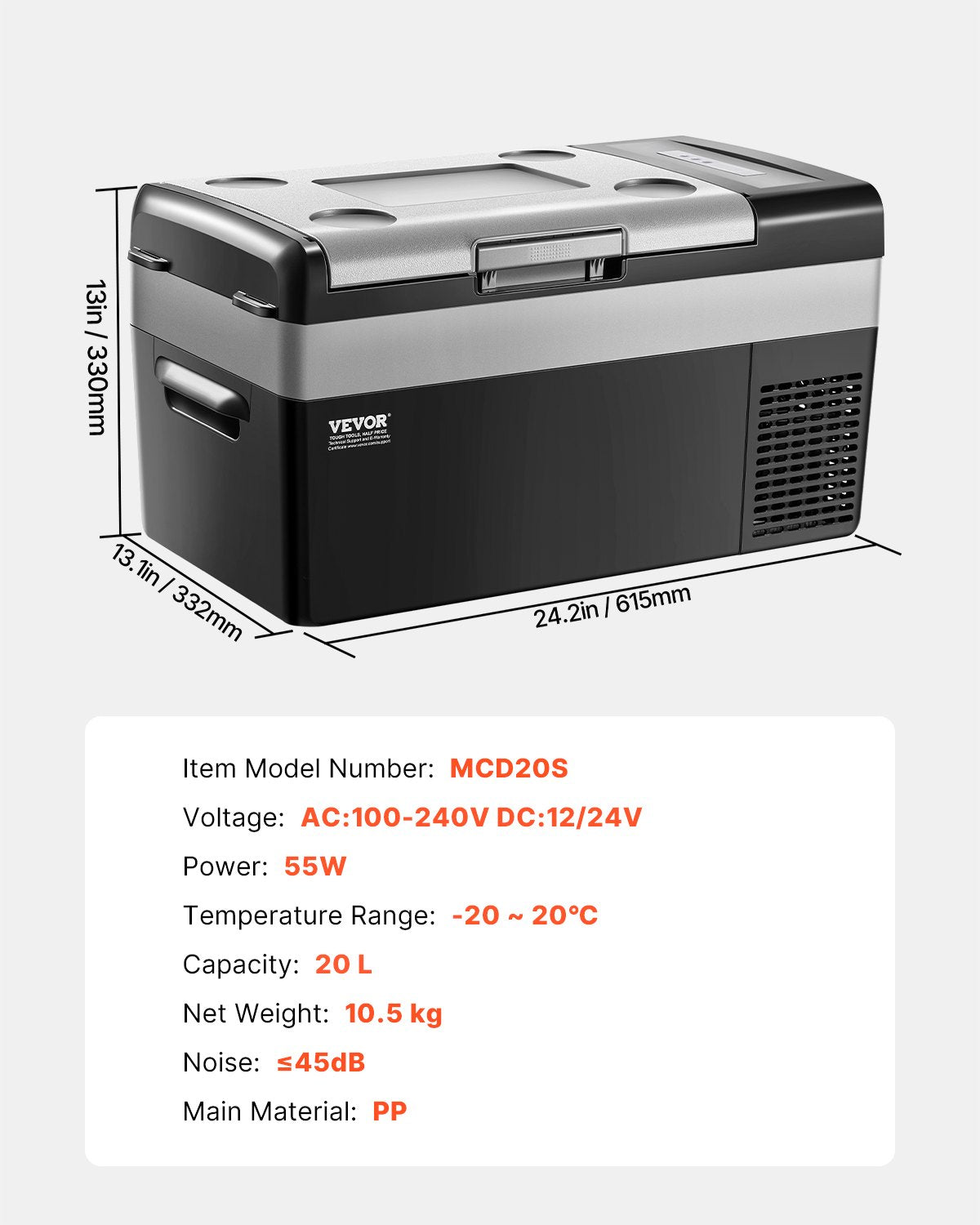 20 L car fridge freezer with 12V and 24V vehicle cord and AC power cord