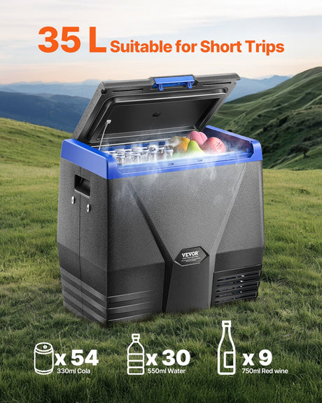 35 L compressor car fridge freezer with lid open showing single zone chamber