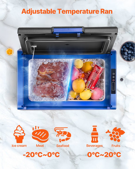 35 L portable car fridge freezer packed with drink cans and bottled water