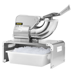 Stainless steel commercial ice shaver and crusher with ice bowl below the outlet