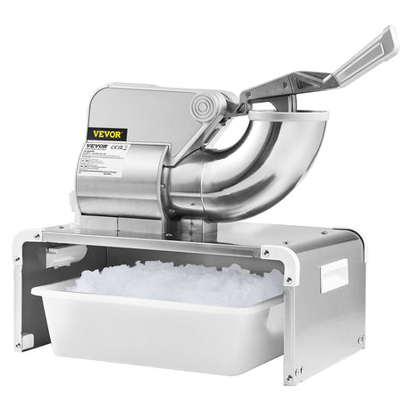Stainless steel commercial ice shaver and crusher with ice bowl below the outlet