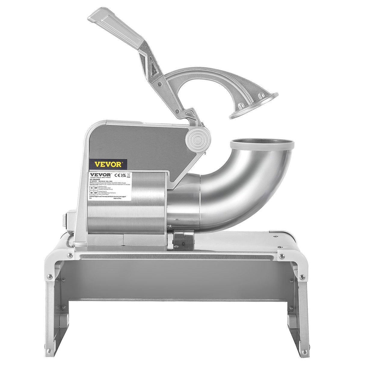 Elevated stainless steel body of the ice crusher on a bench
