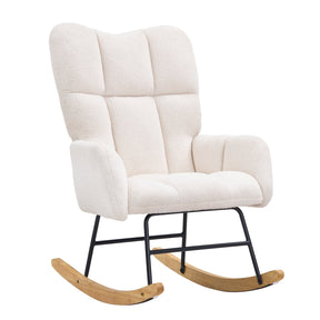 Nursery glider rocking chair upholstered in ivory white teddy fabric