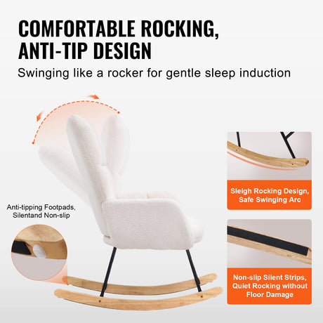 Nursery glider rocking chair upholstered in ivory white teddy fabric