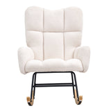 Nursery glider rocking chair upholstered in ivory white teddy fabric