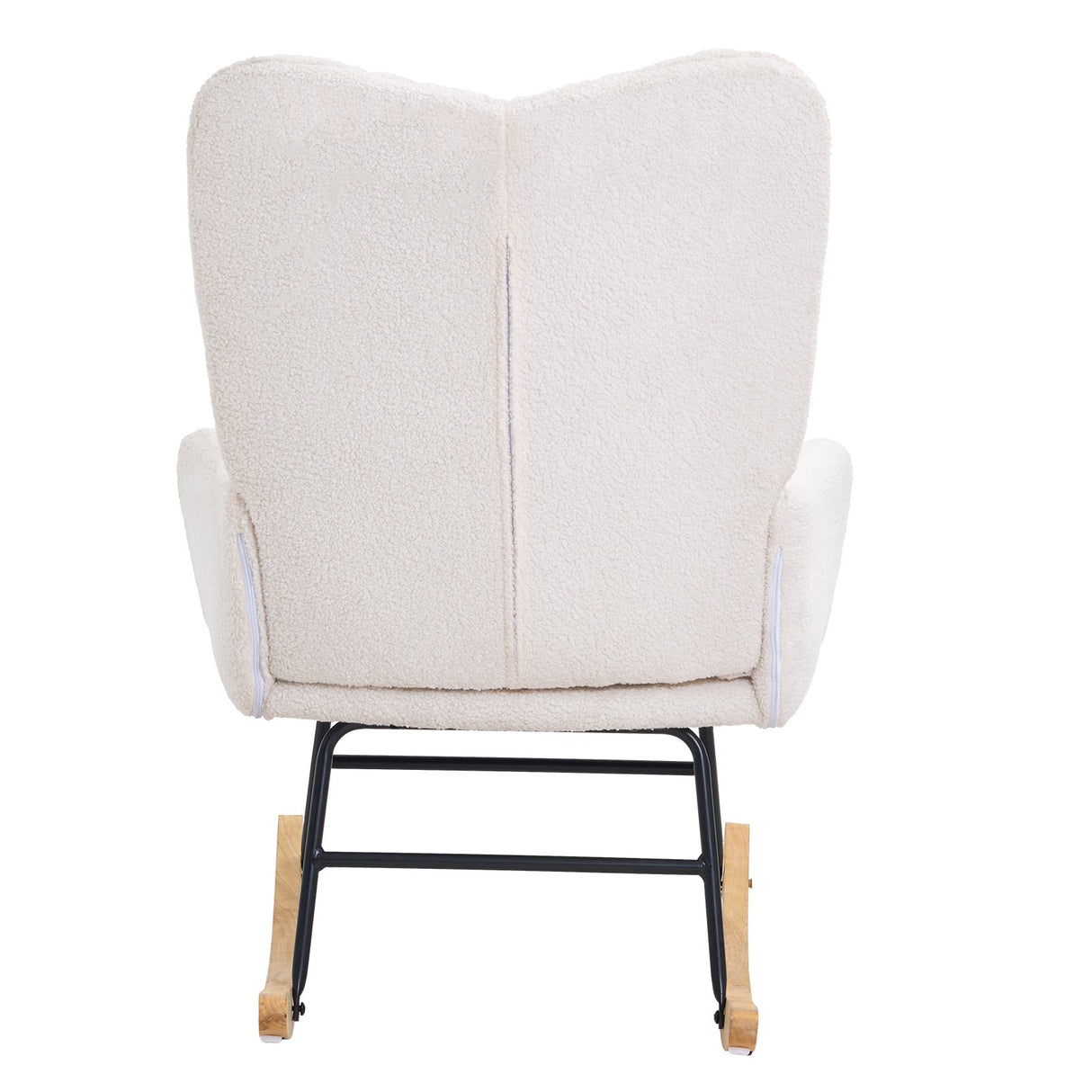 Nursery glider rocking chair upholstered in ivory white teddy fabric