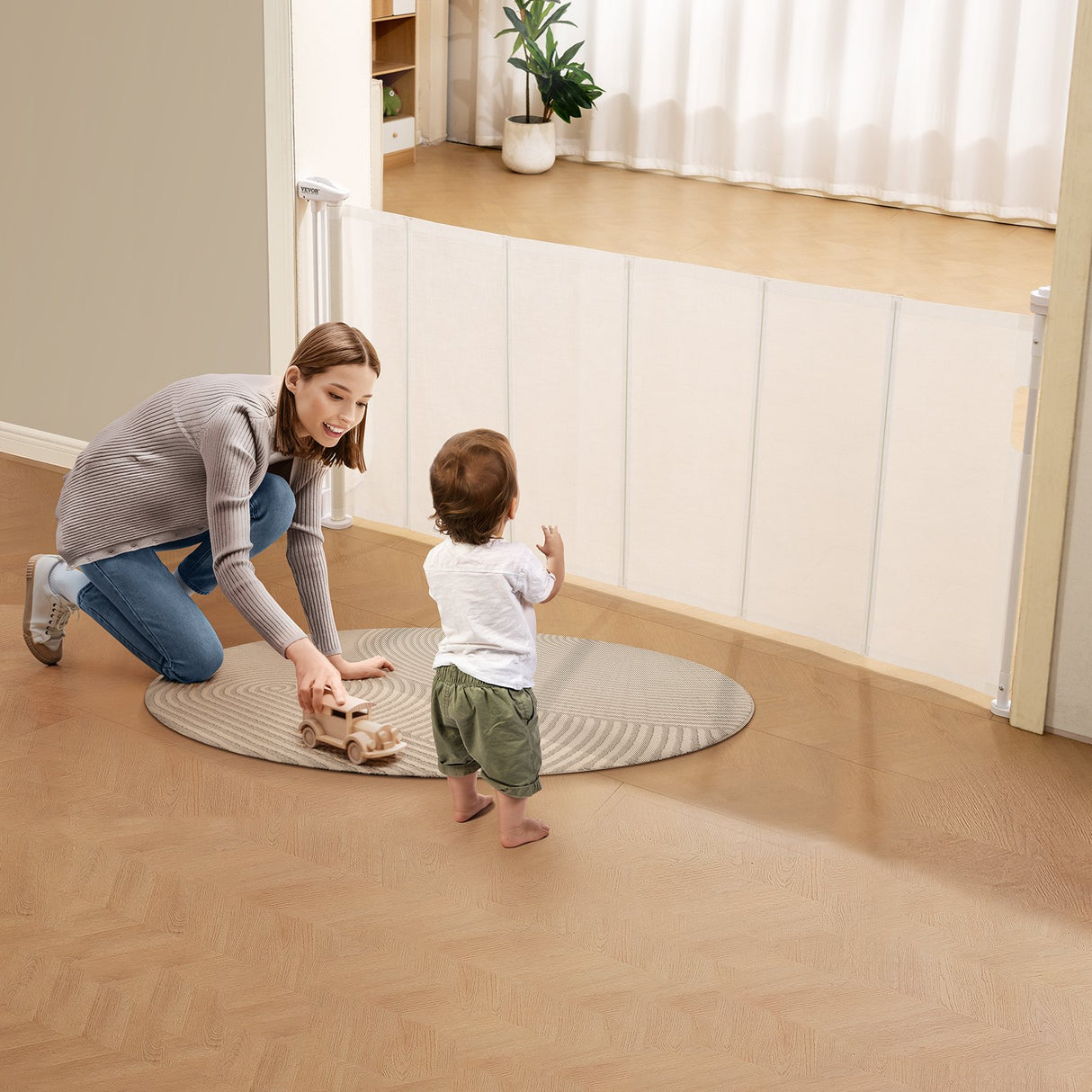 Retractable mesh baby safety gate in white