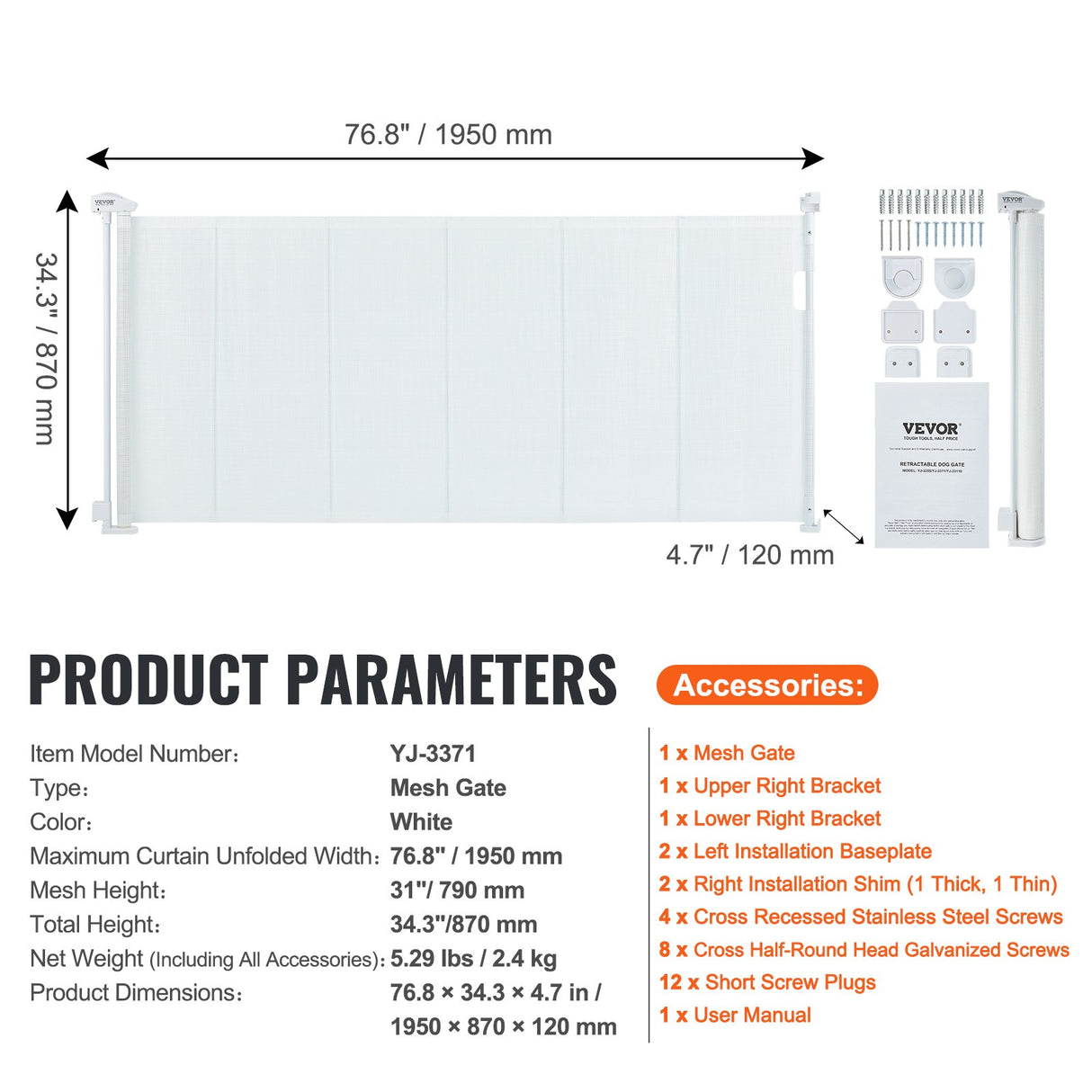Retractable mesh baby safety gate in white