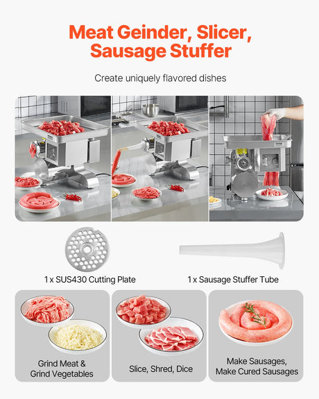 Front view of the three in one meat grinder, slicer and dicer