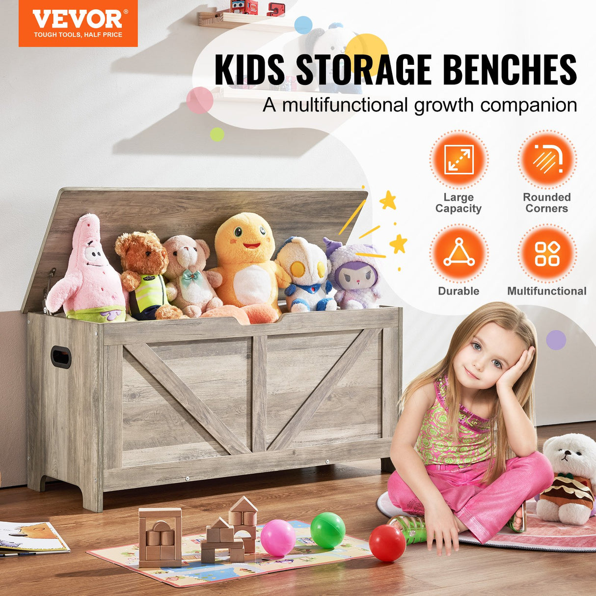 Gray wooden kids toy box storage bench chest - view 2